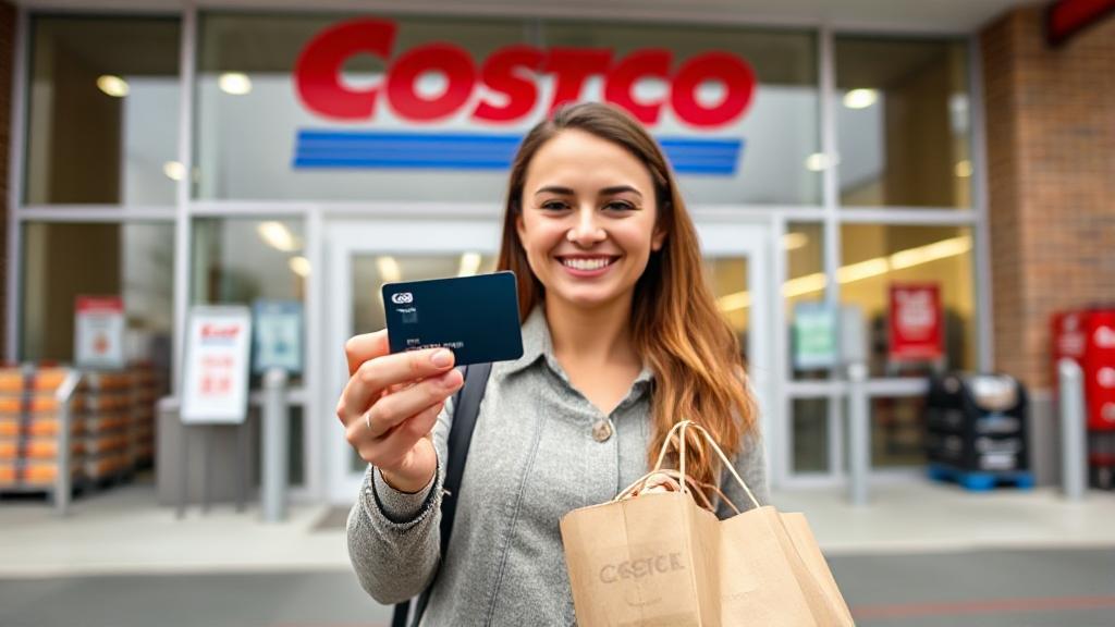 A shopper holding a Mastercard stands in front of a Costco store entrance.