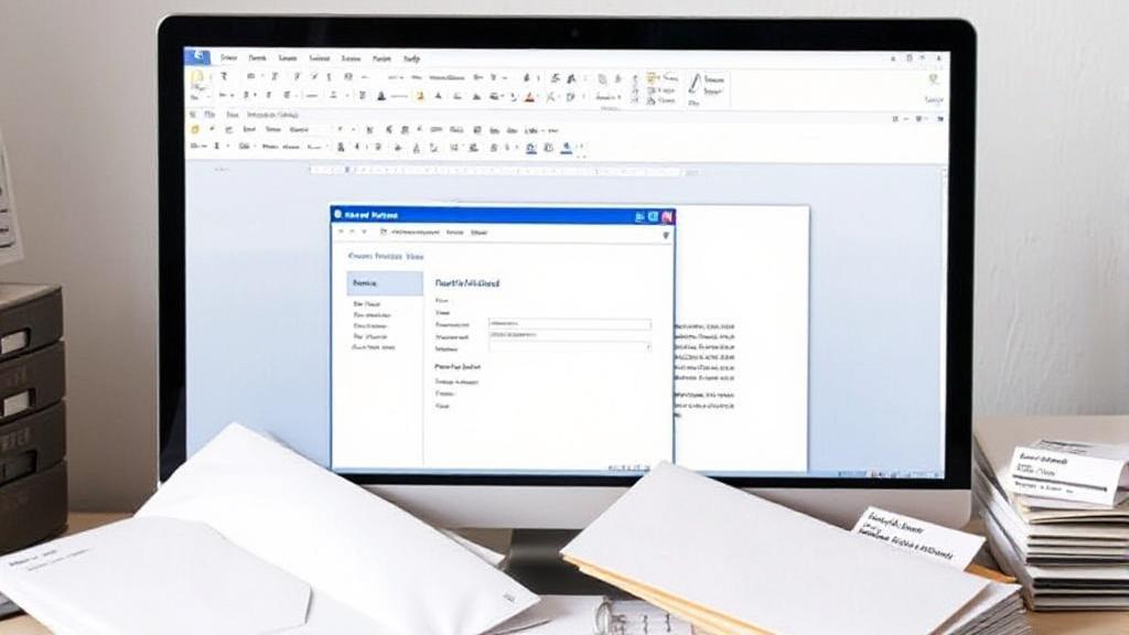 A computer screen displaying Microsoft Word with a mail merge wizard open, surrounded by stationery items like envelopes and address labels.