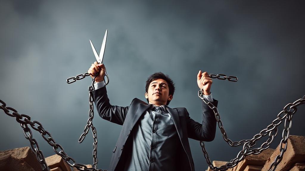 A dynamic image of a person triumphantly cutting through chains of debt with a pair of scissors, symbolizing financial freedom and empowerment.