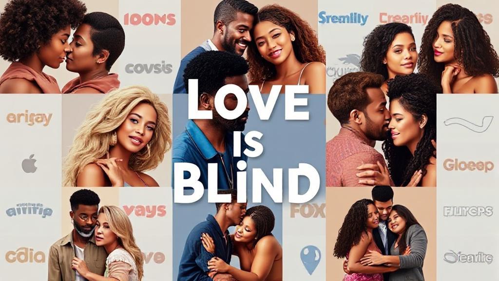 A vibrant collage of diverse couples from "Love Is Blind," set against a backdrop of streaming platform logos.