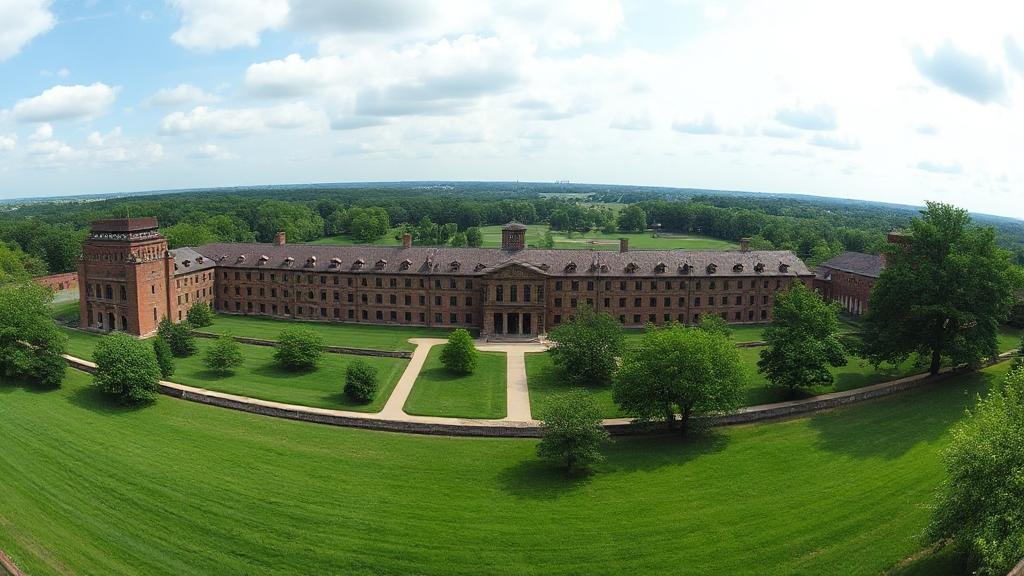 A panoramic view of the historic Ohio State Reformatory, capturing its imposing architecture and lush surrounding landscape, as featured in "The Shawshank Redemption."