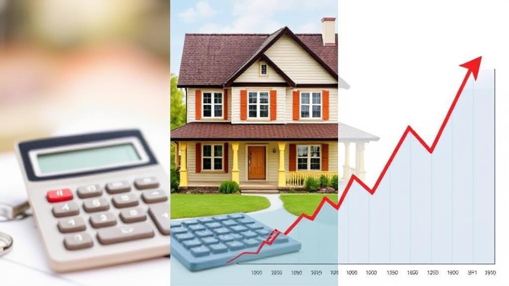 A collage of a house, a calculator, and a fluctuating graph, symbolizing the various elements influencing mortgage rates.