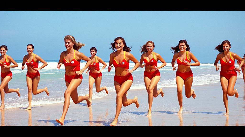 A vibrant beach scene featuring lifeguards in iconic red swimsuits running along the shoreline, capturing the essence of "Baywatch."
