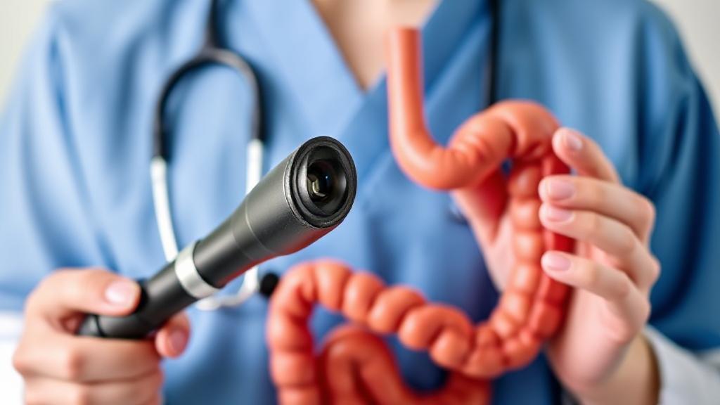 A medical professional holding a colonoscope, with a calendar in the background highlighting the recommended age for a colonoscopy.