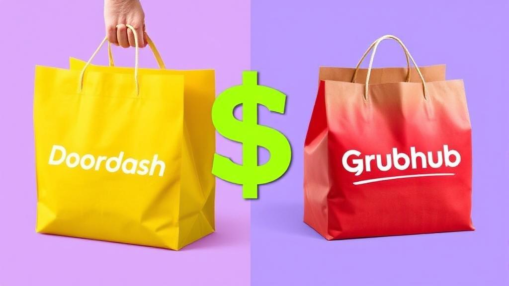 A split-screen image showing a DoorDash delivery bag on one side and a Grubhub delivery bag on the other, with a dollar sign in the center.