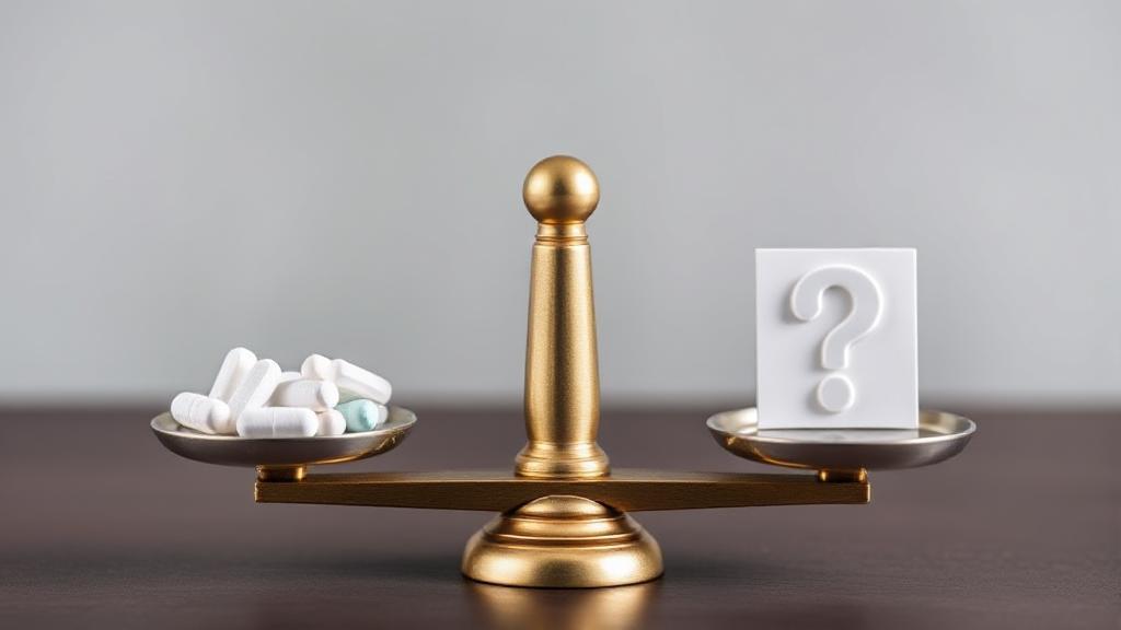 A balanced scale with metformin pills on one side and a question mark on the other, symbolizing the weighing of benefits and risks.