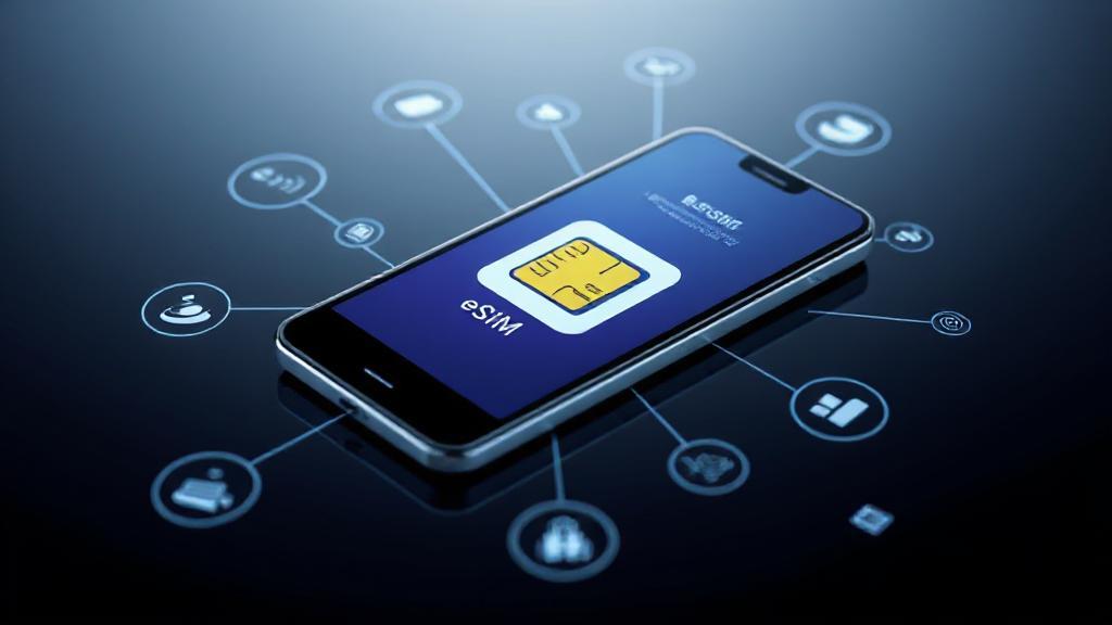 A sleek smartphone displaying an eSIM interface, surrounded by digital network icons, illustrating the seamless connectivity of eSIM technology.