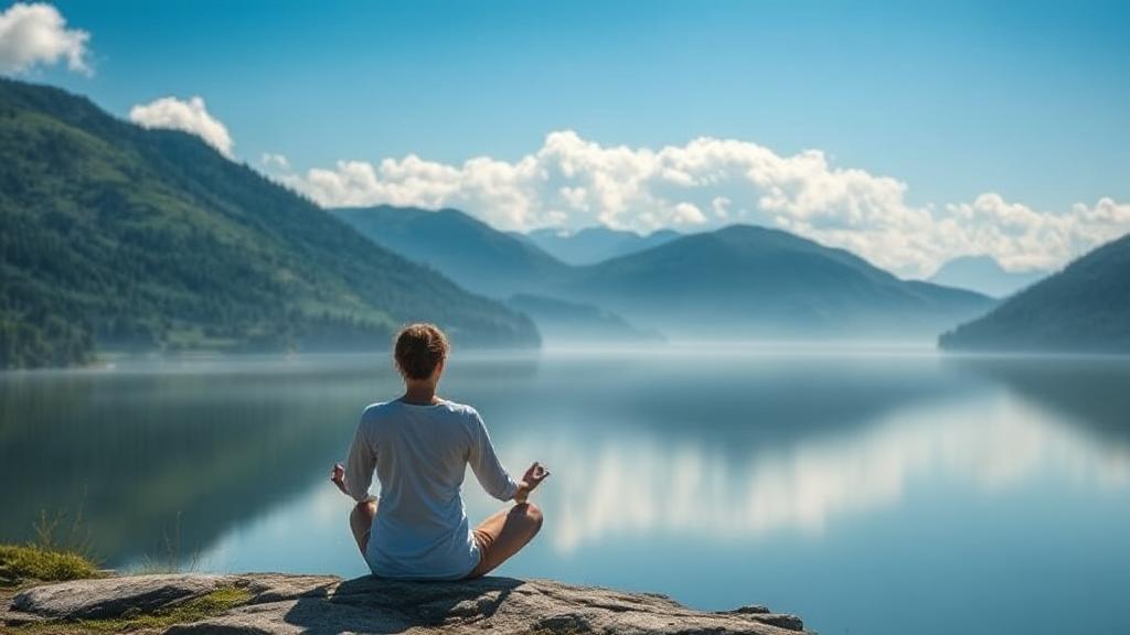 A serene landscape with a person meditating, symbolizing calmness and relief from anxiety.