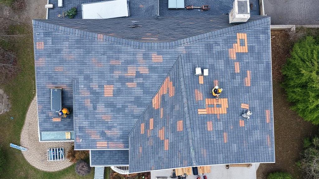 A detailed aerial view of a house with a partially completed roof, showcasing workers and materials involved in the roof replacement process.
