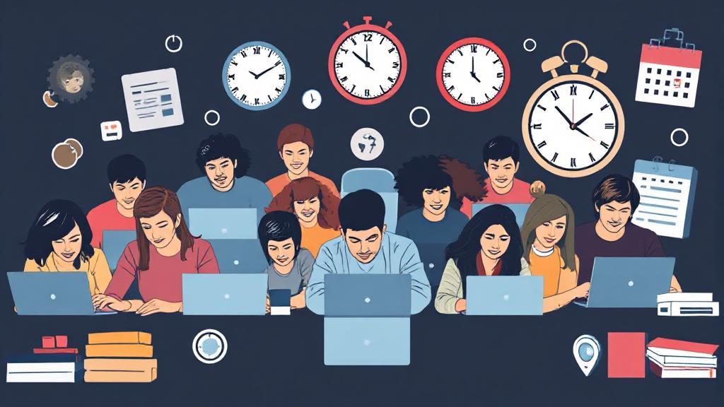 A diverse group of people coding on laptops, surrounded by clocks and calendars, symbolizing the journey and time commitment of learning to code.
