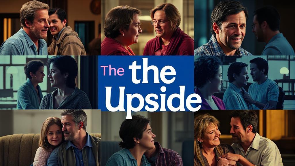 A vibrant collage featuring scenes from "The Upside," showcasing the film's main characters in moments of humor and heartfelt connection.