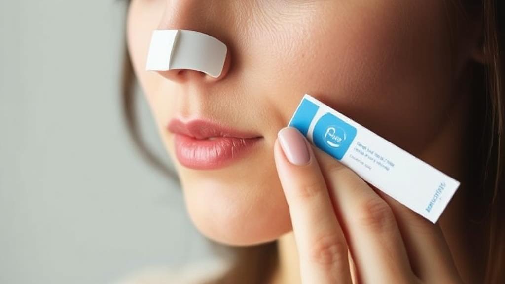 A close-up image of a person applying a Breathe Right strip to their nose, highlighting the product's design and placement for optimal breathing enhancement.