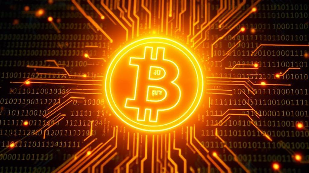 A digital illustration of a glowing Bitcoin symbol surrounded by binary code and circuit patterns, symbolizing the fusion of technology and finance.