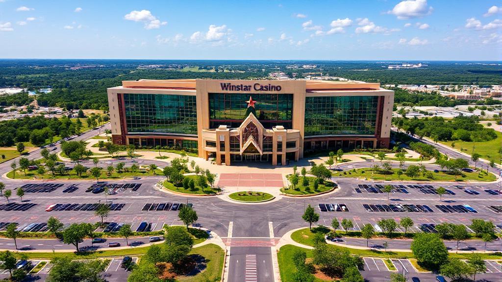 Aerial view of Winstar Casino's grand entrance surrounded by lush greenery and expansive parking facilities.