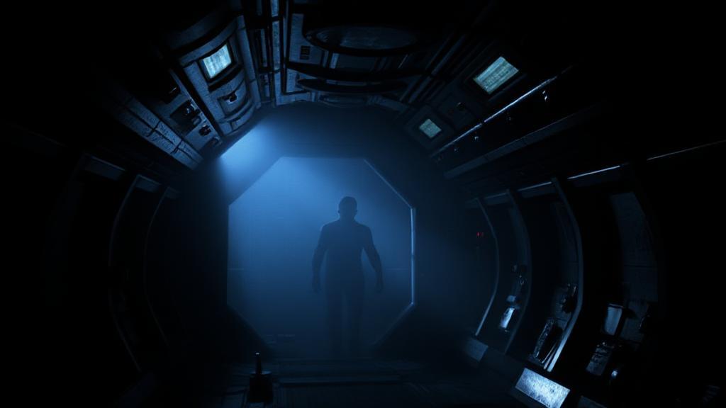A dark, atmospheric image of a spaceship interior with a shadowy figure lurking, capturing the suspenseful essence of the movie "Alien."