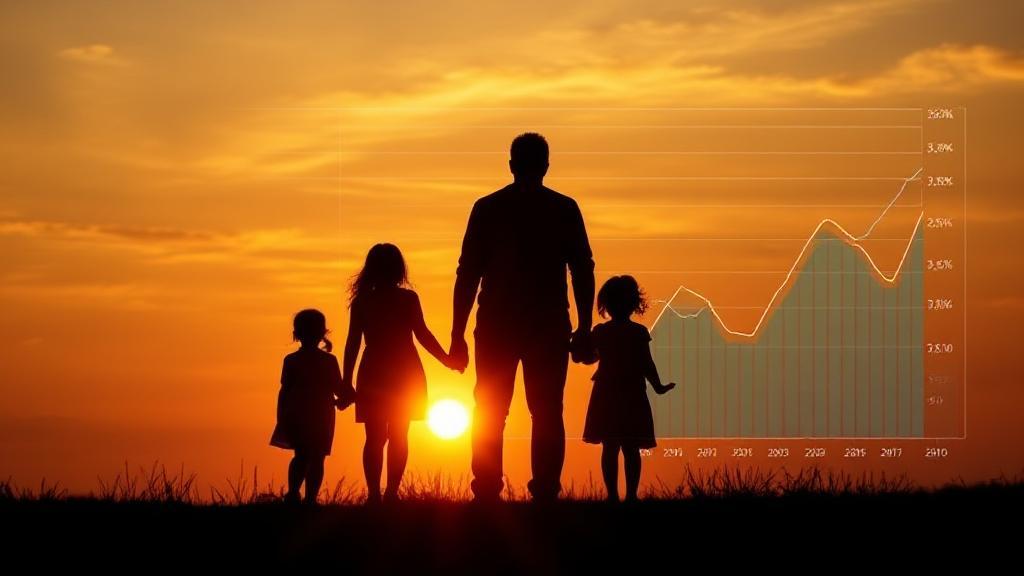A family silhouetted against a sunset, symbolizing protection and security, with financial graphs subtly overlaying the sky.