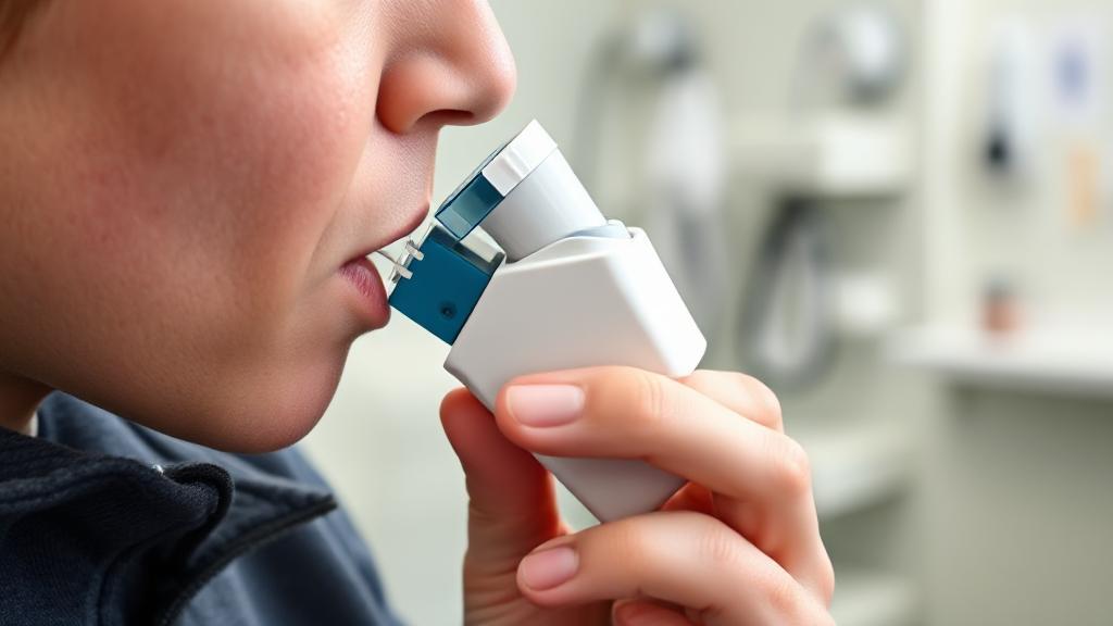 A close-up image of a person using an albuterol inhaler, with a focus on the inhaler and a blurred background of a doctor's office.