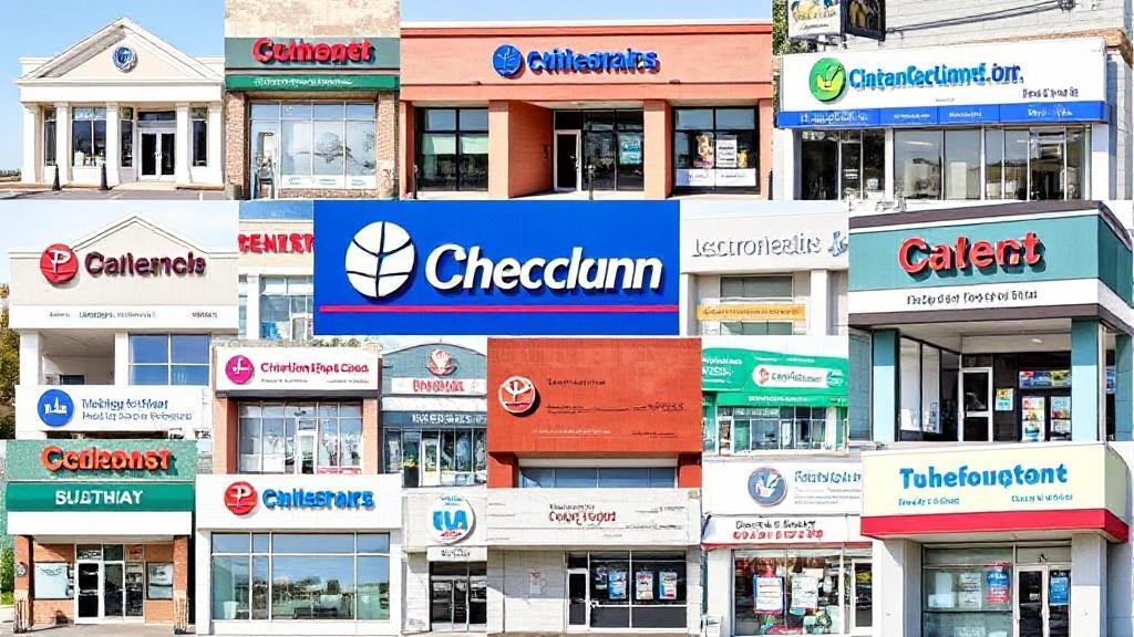 A vibrant collage of various financial institutions and check-cashing services, symbolizing diverse options for cashing checks.