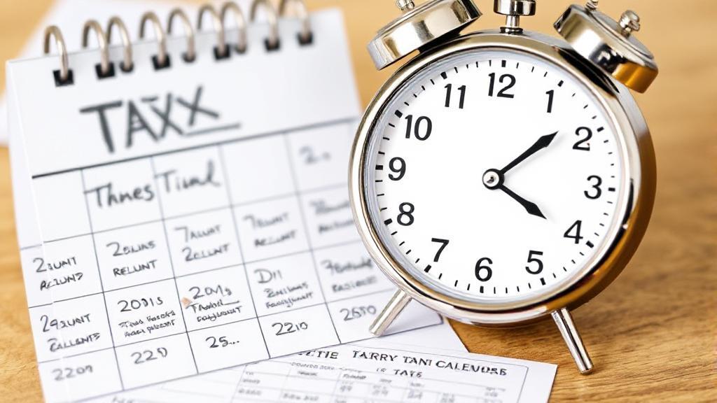 A calendar marked with tax-related dates and a clock symbolizing deadlines and refund timelines.
