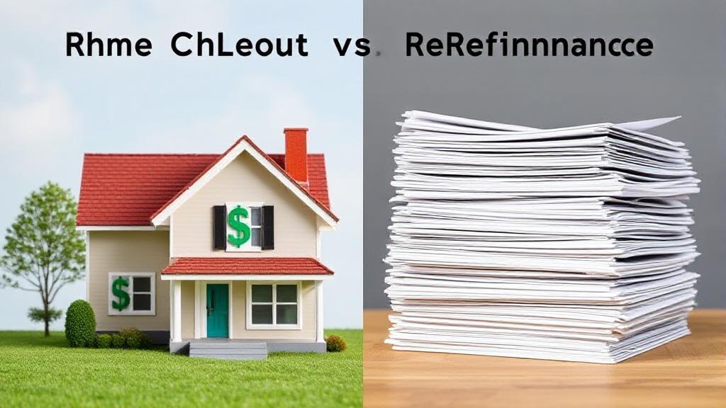 A split image showing a house with dollar signs on one side and a stack of loan documents on the other, symbolizing the choice between home equity loans and refinancing.