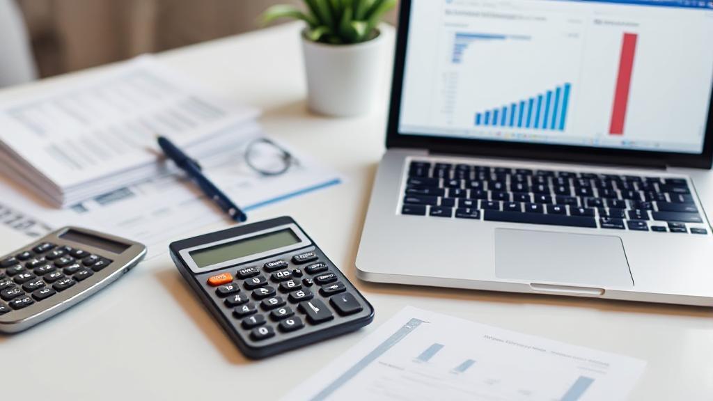 A neatly organized desk with a calculator, financial documents, and a laptop displaying accounting software.
