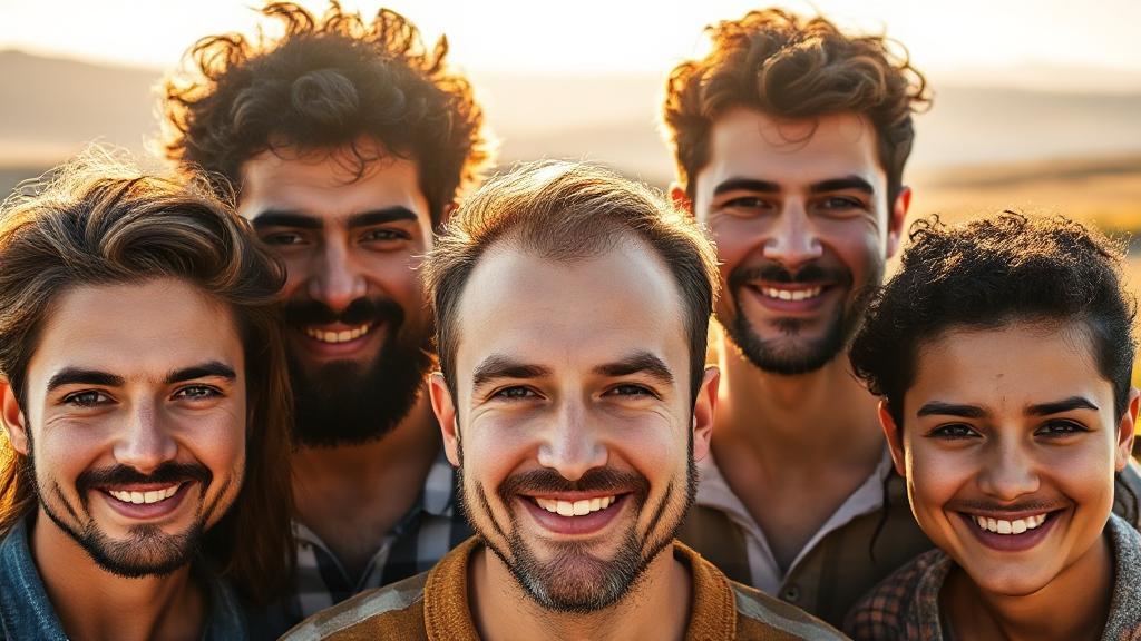 A close-up image of a diverse group of individuals confidently showcasing their natural-looking hair after successful transplants, set against a backdrop of a serene, sunlit landscape.