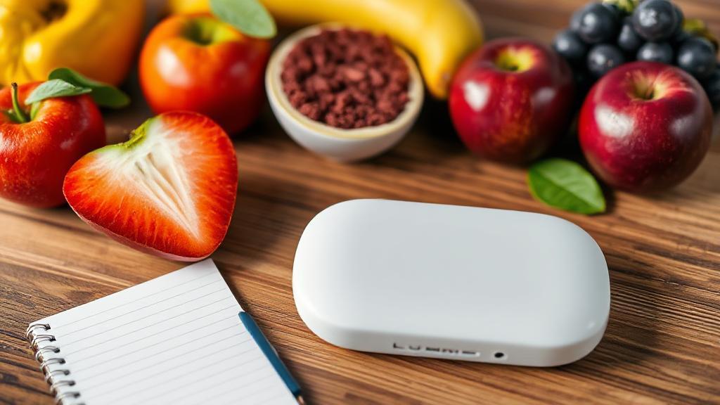 A sleek Lumen device resting on a wooden table, surrounded by fresh fruits and a notepad, symbolizing health and wellness.