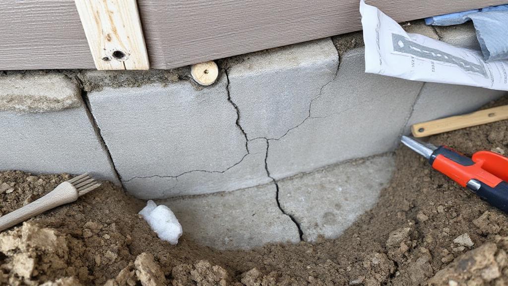 A close-up image of a house foundation with visible cracks, surrounded by construction tools and repair materials, illustrating the challenges and considerations of purchasing a home with foundation issues.