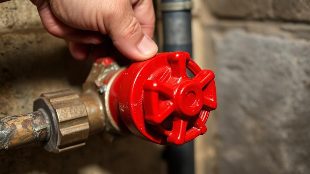A close-up image of a hand turning a red water shut-off valve in a residential basement.