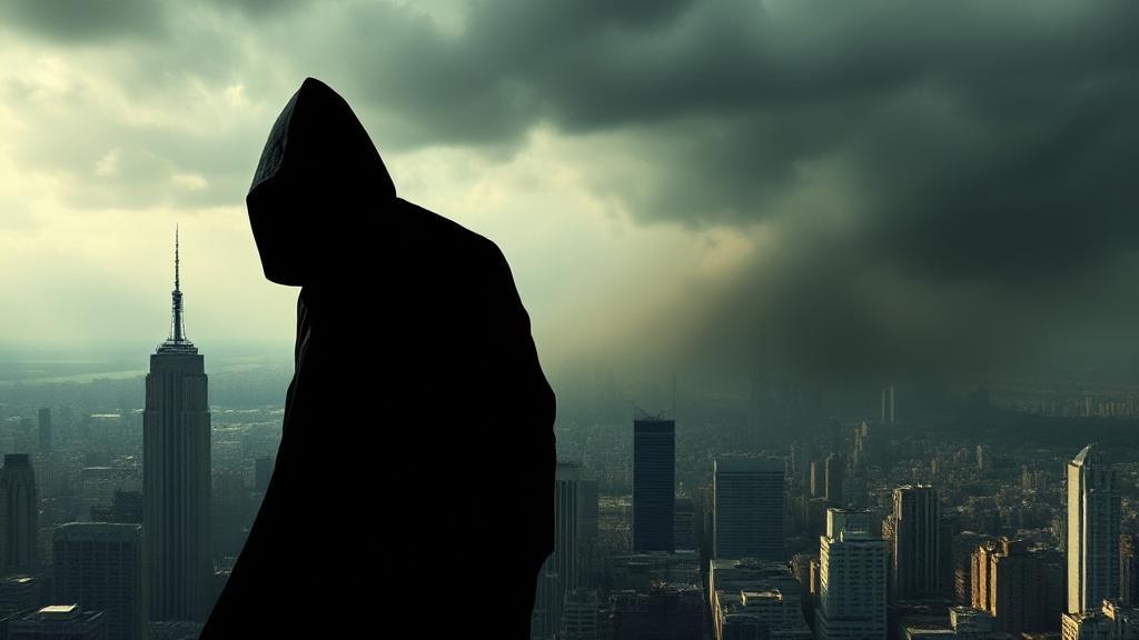 A shadowy figure looms over a cityscape, symbolizing the pervasive and hidden nature of extortion.