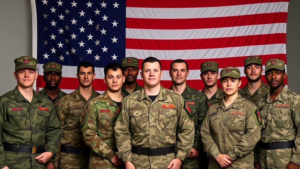 A diverse group of soldiers in uniform standing proudly in front of an American flag, symbolizing unity and readiness.