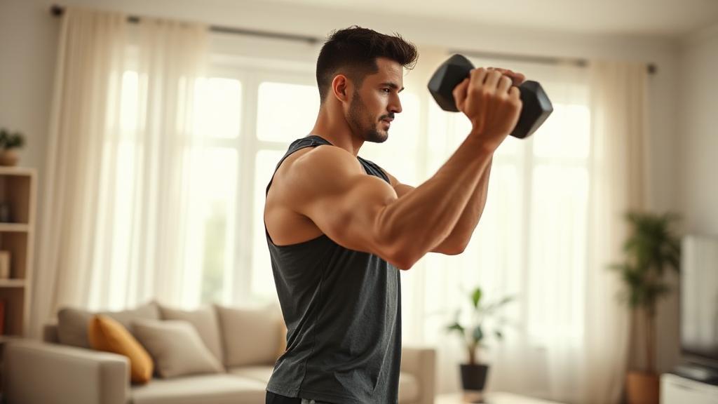 A fit person lifting dumbbells in a bright home living room, showcasing a simple yet effective home workout setup.