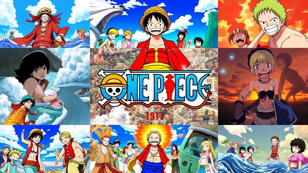 A vibrant collage of iconic scenes from each season of "One Piece," showcasing the evolution of characters and adventures across the series.