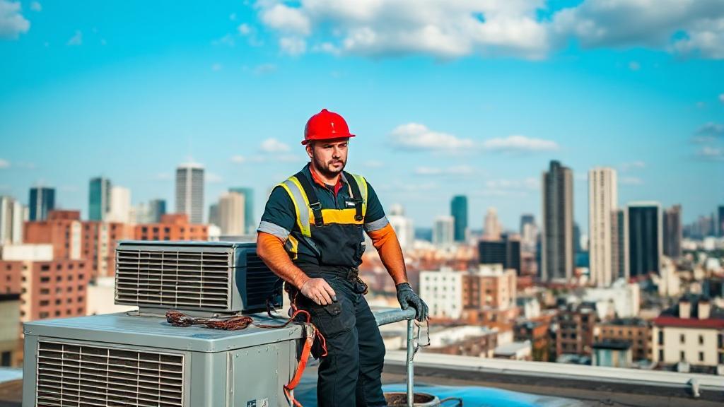 A modern HVAC technician working on a rooftop unit with cityscape in the background, symbolizing career growth and urban demand in 2023.