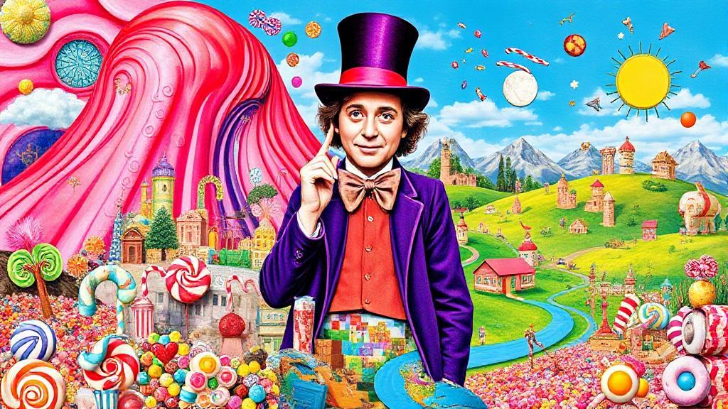 A whimsical collage of vibrant candy landscapes and iconic Willy Wonka imagery, capturing the enchanting essence and cultural influence of the beloved character.