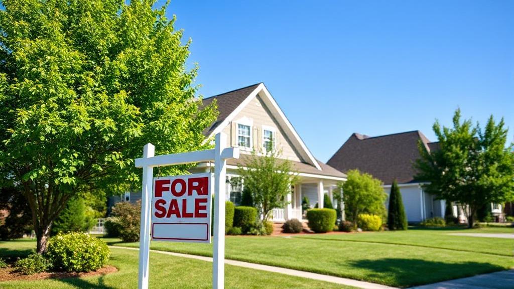 A picturesque suburban neighborhood with a "For Sale" sign in front of a charming, well-maintained house under a clear blue sky.