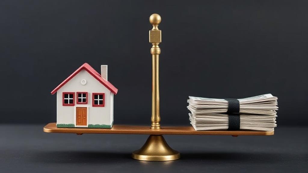 A balanced scale with a house on one side and a stack of bills on the other, symbolizing the decision to sell a home to alleviate financial burdens.
