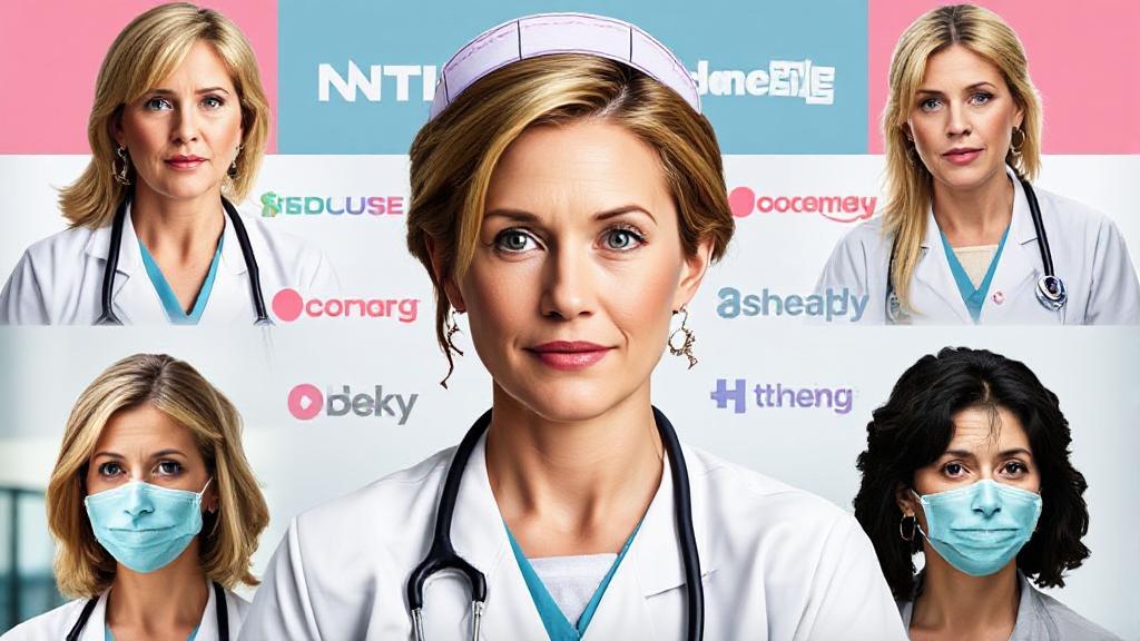 A collage of Nurse Jackie character portraits with streaming platform logos in the background.