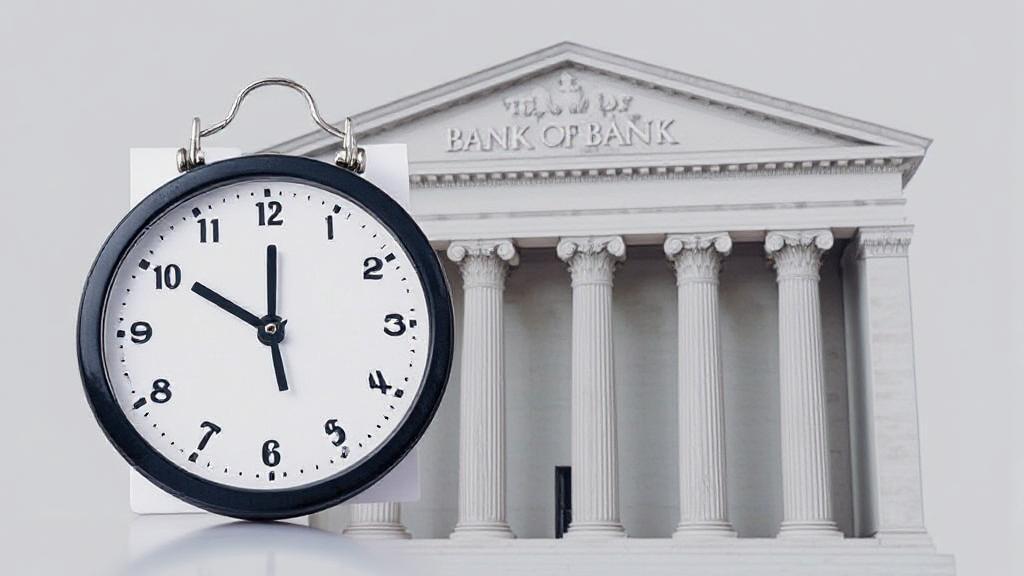 A calendar and clock overlaying a bank building, symbolizing the concept of checking bank operating hours.