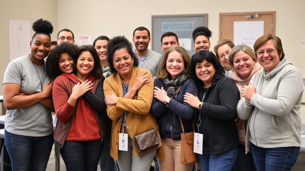 A diverse group of people smiling and rolling up their sleeves to receive flu shots at a community health clinic.