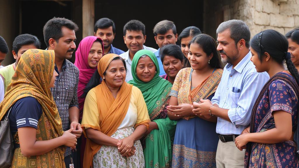 A diverse group of missionaries engaging with a local community, symbolizing cultural exchange and shared purpose.