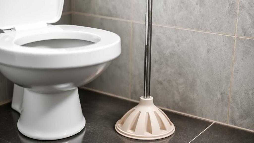 A close-up image of a plunger next to a toilet, ready for use.