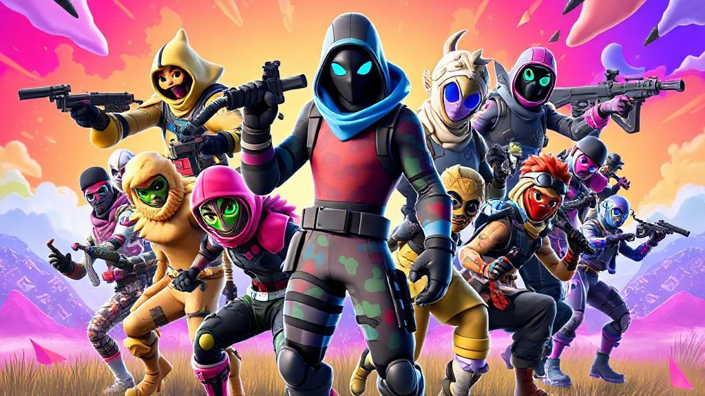 A vibrant collage showcasing Fortnite’s rarest character skins in dynamic action poses against a colorful battle royale backdrop.