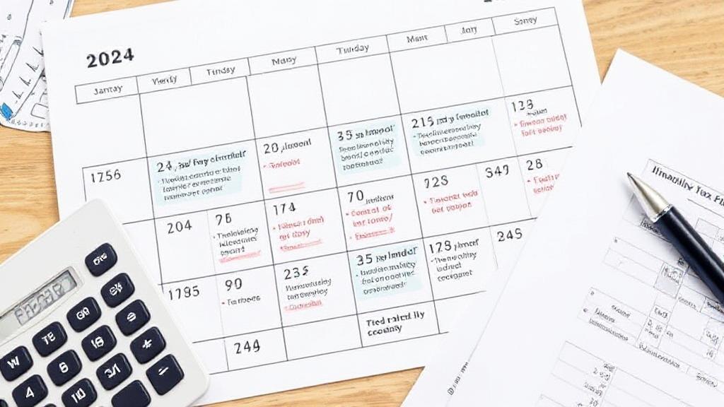 A calendar marked with important tax deadlines for LLCs in 2024, accompanied by a calculator and financial documents.