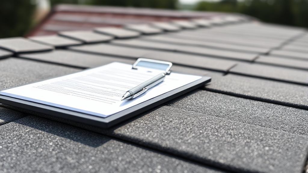 A close-up shot of a newly installed roof with a clipboard and pen resting on top, symbolizing the importance of documentation for insurance purposes.
