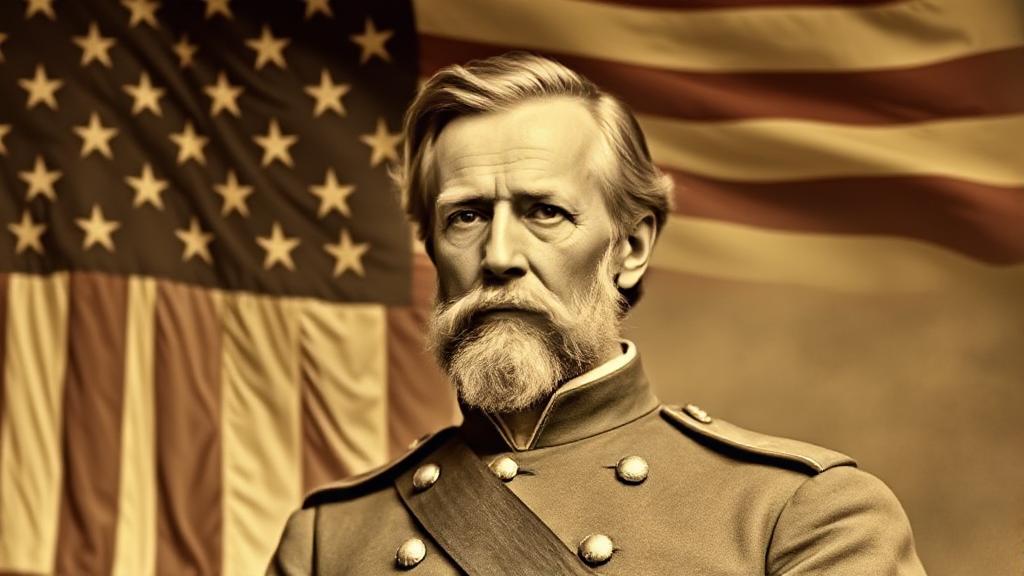 A sepia-toned portrait of Robert E. Lee in Confederate military uniform, set against a backdrop of a divided American flag.