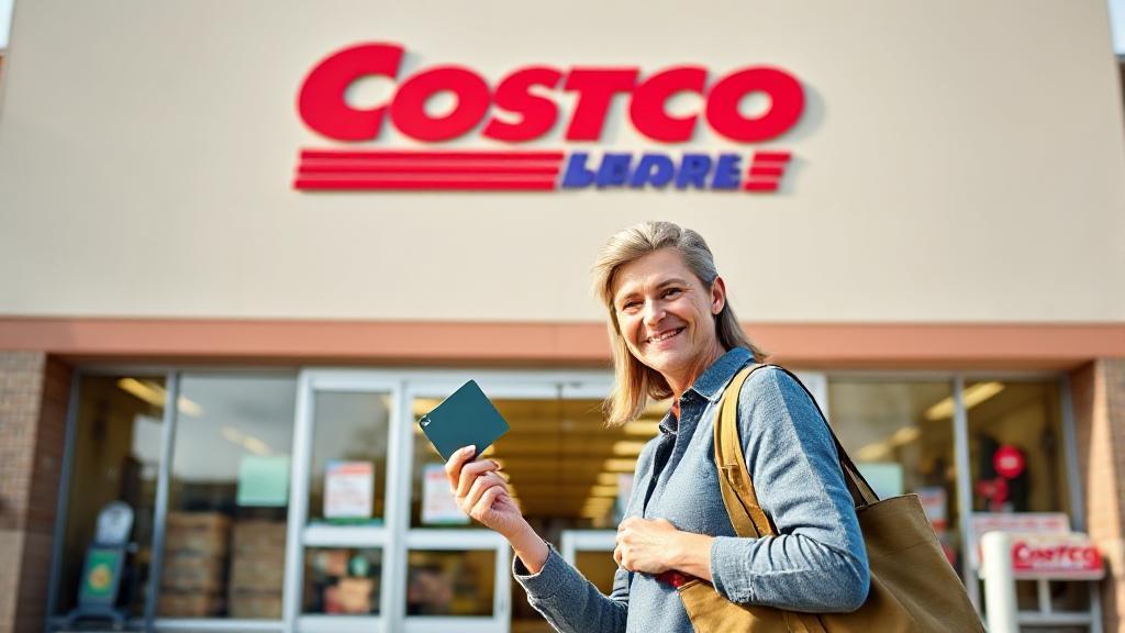 A shopper holding a credit card stands in front of a Costco store entrance, with the store's logo prominently displayed above.