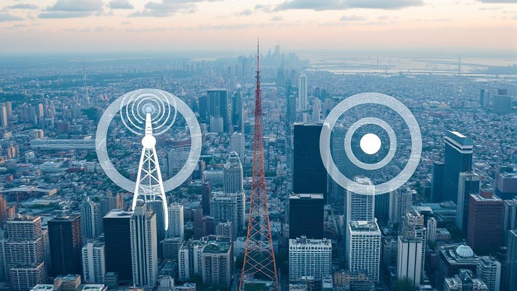 Aerial view of a cityscape with cell towers and network coverage icons overlaying the skyline.