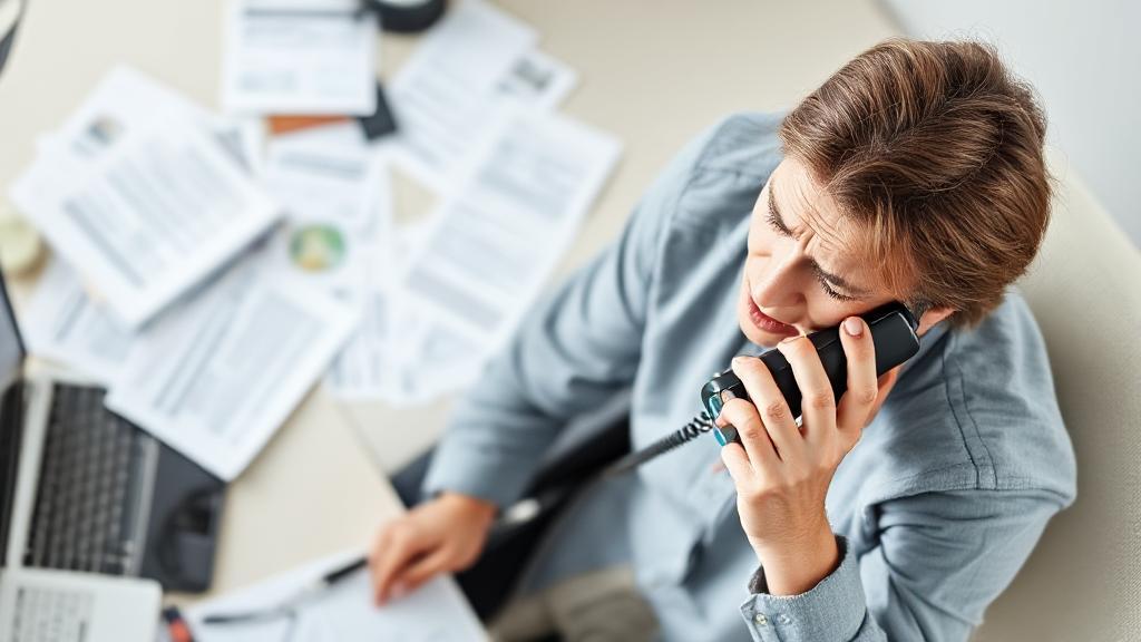 A frustrated individual on the phone with a health insurance card and paperwork scattered on a desk.
