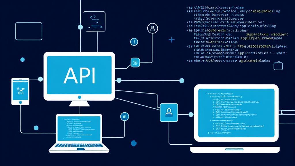 A sleek digital illustration depicting interconnected devices and code snippets, symbolizing the concept of APIs facilitating communication between software applications.